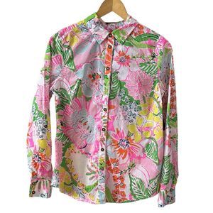 Lilly Pulitzer Target Floral Collared Long Sleeve Button Cotton Blouse Small/P